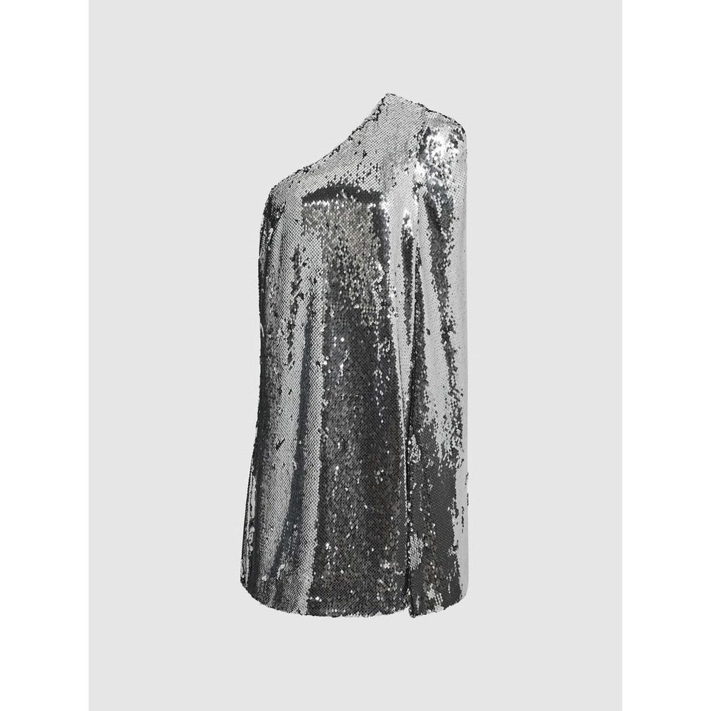 REISS‎ EVA SEQUIN CAPE ONE SHOULDER MINI DRESS NWT SILVER METALLIC SIZE US 10 - Picture 2 of 6